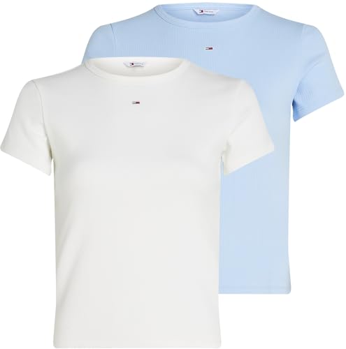 Tommy Jeans Damen 2er Pack T-Shirts Kurzarm Essential Rib Slim Fit, Mehrfarbig (Ecru/Sweet Blue), M von Tommy Jeans