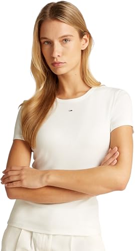 Tommy Jeans Damen 2er Pack T-Shirts Kurzarm Essential Rib Slim Fit, Weiß (Ecru/Black), S von Tommy Jeans