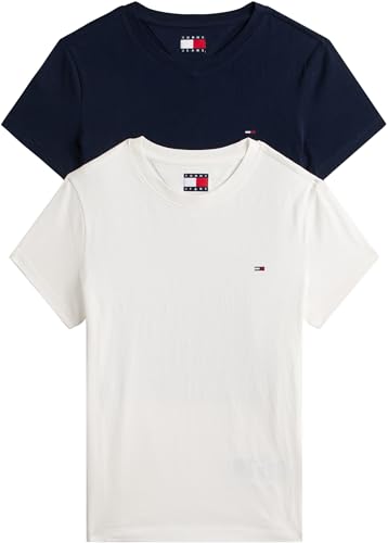 Tommy Jeans Damen 2er Pack T-Shirts Kurzarm mit Rundhalsausschnitt, Mehrfarbig (Ecru/Dark Night Navy), XS von Tommy Jeans