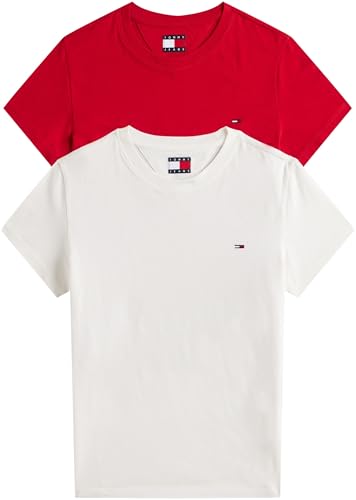 Tommy Jeans Damen 2er Pack T-Shirts Kurzarm mit Rundhalsausschnitt, Mehrfarbig (Ecru/Sapphire Red), XS von Tommy Jeans