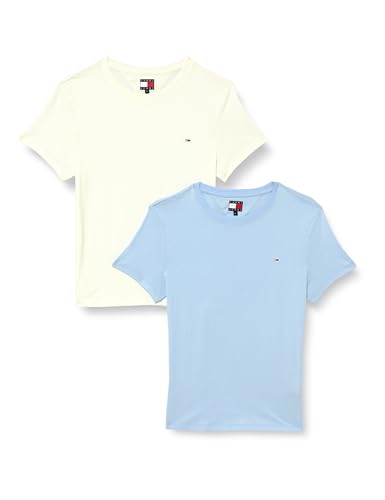 Tommy Jeans Damen 2er Pack T-Shirts Kurzarm mit Rundhalsausschnitt, Mehrfarbig (Ecru/Sweet Blue), XS von Tommy Jeans