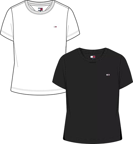 Tommy Jeans Damen 2er Pack T-Shirts Kurzarm mit Rundhalsausschnitt, Weiß (Ecru/Black), M von Tommy Jeans