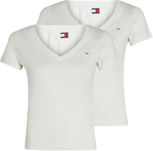 Tommy Jeans Damen 2er Pack T-Shirts Kurzarm mit V-Ausschnitt, Mehrfarbig (Ecru/Dark Night Navy), S von Tommy Jeans