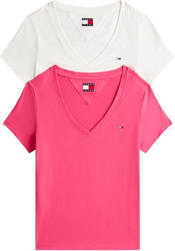 Tommy Jeans Damen 2er Pack T-Shirts Kurzarm mit V-Ausschnitt, Mehrfarbig (Ecru/Jewel Pink), L von Tommy Jeans