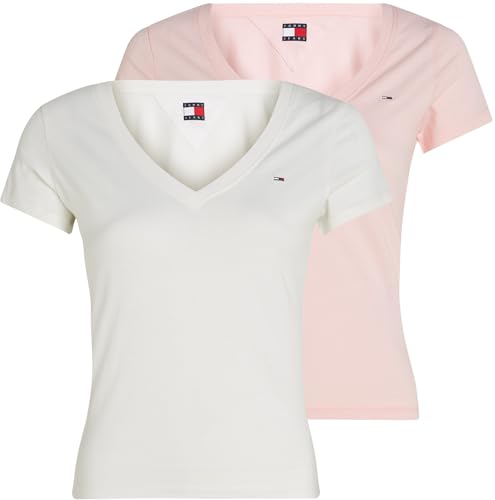 Tommy Jeans Damen 2er Pack T-Shirts Kurzarm mit V-Ausschnitt, Mehrfarbig (Ecru/Precious Pink), XS von Tommy Jeans