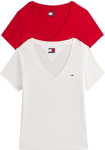 Tommy Jeans Damen 2er Pack T-Shirts Kurzarm mit V-Ausschnitt, Mehrfarbig (Ecru/Sapphire Red), L von Tommy Jeans