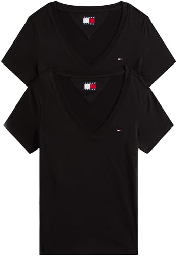 Tommy Jeans Damen 2er Pack T-Shirts Kurzarm mit V-Ausschnitt, Schwarz (Black/Black), M von Tommy Jeans