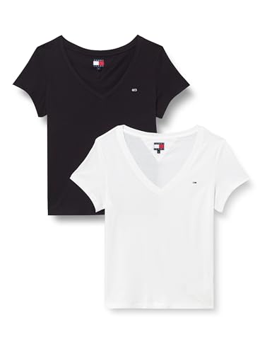 Tommy Jeans Damen 2er Pack T-Shirts Kurzarm mit V-Ausschnitt, Weiß (Ecru/Black), L von Tommy Jeans