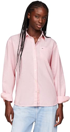 Tommy Jeans Damen Bluse Stripe Linen Shirt Hemdbluse, Rosa (Tickled Pink / Stripe), L von Tommy Jeans