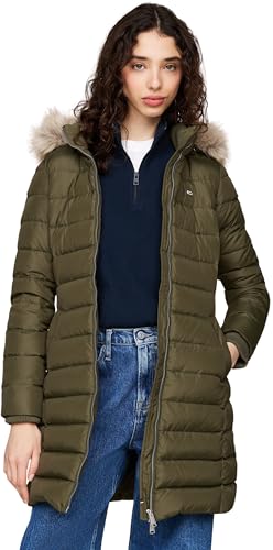 Tommy Jeans Damen Daunenmantel Essential Hooded Down Coat mit Kunstpelz, Grün (Fatigue Green), S von Tommy Jeans