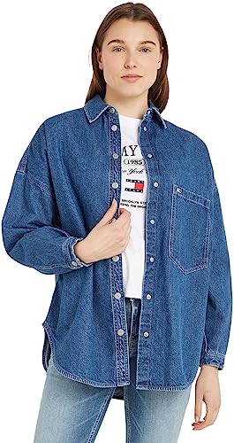 Tommy Jeans Damen Hemd Denim Overshirt Langarm, Blau (Denim Medium), XS von Tommy Jeans