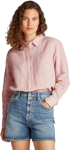 Tommy Jeans Damen Hemd Linen Relaxed Fit, Mehrfarbig (Precious Pink/Stripe), L von Tommy Jeans