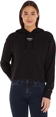Tommy Jeans Damen Hoodie Cropped Logo mit Kapuze, Schwarz (Black), L von Tommy Hilfiger