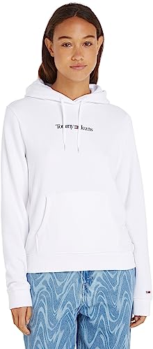 Tommy Jeans Damen Hoodie Regular Serif Linear mit Kapuze, Weiß (White), M von Tommy Hilfiger