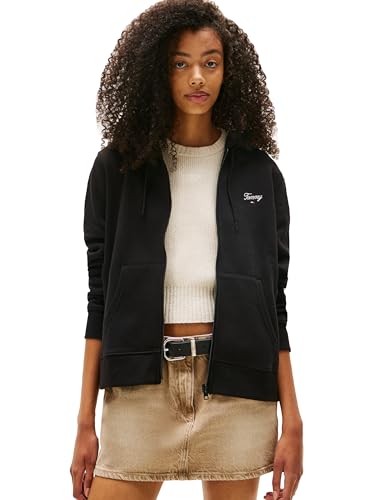 Tommy Jeans Damen-Kapuzenpullover mit Reißverschluss, mittelschwer, Script-Logo und Kordelzug, Schwarz, L von Tommy Jeans