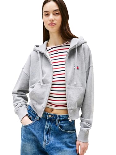 Tommy Jeans Damen-Kapuzenpullover mit Reißverschluss, mittelschwer, mit gesticktem Flaggen-Logo, Grau meliert, S von Tommy Jeans