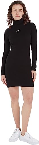 Tommy Jeans Damen Kleid Turtleneck Logo Langarm, Schwarz (Black), XXS von Tommy Jeans