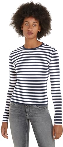 Tommy Jeans Damen Langarmshirt Rib Stripe Top Basic, Mehrfarbig (Dark Night Navy / Multi), XXS von Tommy Jeans