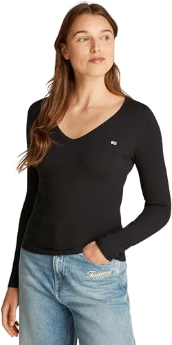 Tommy Jeans Damen Langarmshirt Slim Fit Essential V-Neck V-Ausschnitt, Schwarz (Black), XXS von Tommy Jeans