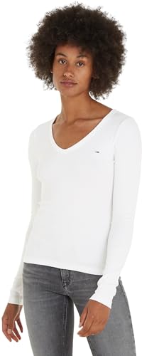 Tommy Jeans Damen Langarmshirt Slim Fit Essential V-Neck V-Ausschnitt, Weiß (White), XL von Tommy Jeans