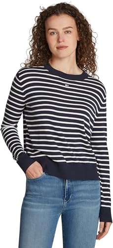 Tommy Jeans Damen Pullover Essential Crew Neck Rundhalsausschnitt, Mehrfarbig (Navy / White Stripe), L von Tommy Jeans