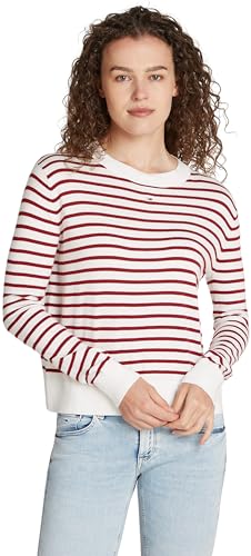 Tommy Jeans Damen Pullover Essential Crew Neck Rundhalsausschnitt, Mehrfarbig (Red / White Stripe), L von Tommy Jeans