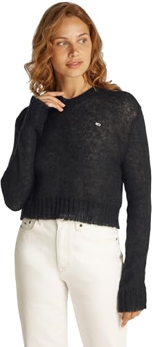 Tommy Jeans Damen Pullover Open Knit mit V-Ausschnitt, Schwarz (Black), L von Tommy Jeans