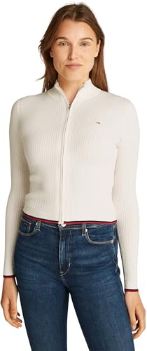 Tommy Jeans Damen Pullover mit Reißverschluss Cable Zip Thru Cardigan Figurbetont, Elfenbein (Ancient White), L von Tommy Jeans