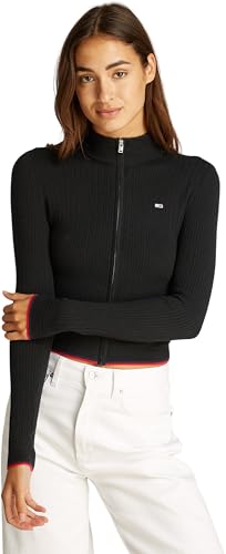 Tommy Jeans Damen Pullover mit Reißverschluss Cable Zip Thru Cardigan Figurbetont, Schwarz (Black), XL von Tommy Jeans