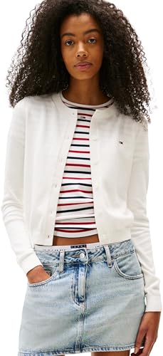 Tommy Jeans Damen Strickjacke Cardigan Essential Crew Neck mit Knopfleiste, Weiß (Ecru), XS von Tommy Jeans