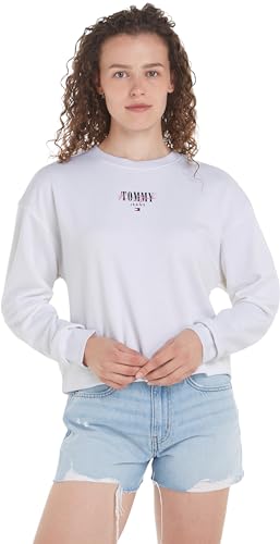 Tommy Jeans Damen Sweatshirt Essential Logo ohne Kapuze, Weiß (White), XS von Tommy Jeans