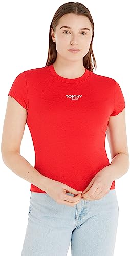 Tommy Jeans Damen T-Shirt Kurzarm Essential Logo Rundhalsausschnitt, Rot (Deep Crimson), XL von Tommy Jeans