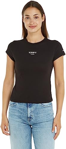 Tommy Jeans Damen T-Shirt Kurzarm Essential Logo Rundhalsausschnitt, Schwarz (Black), L von Tommy Jeans