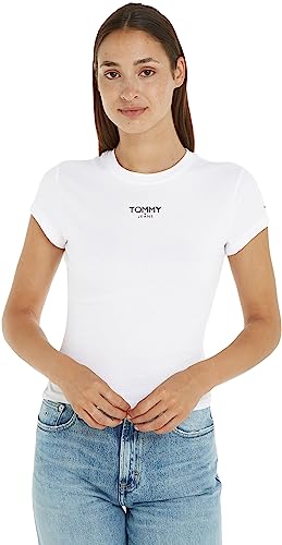 Tommy Jeans Damen T-Shirt Kurzarm Essential Logo Rundhalsausschnitt, Weiß (White), L von Tommy Jeans