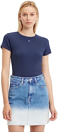 Tommy Jeans Damen T-Shirt Kurzarm Essential Rib Rundhalsausschnitt, Blau (Twilight Navy), XL von Tommy Jeans