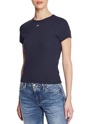 Tommy Jeans Damen T-Shirt Kurzarm Essential Rib Rundhalsausschnitt, Blau (Twilight Navy), XL von Tommy Jeans