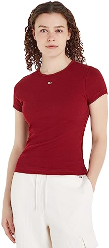 Tommy Jeans Damen T-Shirt Kurzarm Essential Rib Rundhalsausschnitt, Rot (Rouge), L von Tommy Jeans