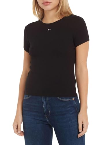 Tommy Jeans Damen T-Shirt Kurzarm Essential Rib Rundhalsausschnitt, Schwarz (Black), XS von Tommy Jeans