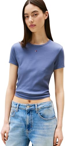 Tommy Jeans Damen T-Shirt Kurzarm Essential Rib Slim Fit, Blau (Blue Moment), 4XL von Tommy Jeans