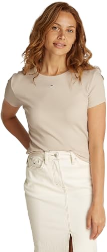 Tommy Jeans Damen T-Shirt Kurzarm Essential Rib Slim Fit, Elfenbein (Newsprint), XXS von Tommy Jeans