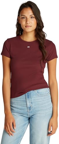 Tommy Jeans Damen T-Shirt Kurzarm Essential Rib Slim Fit, Rot (Deep Rouge), XXS von Tommy Jeans
