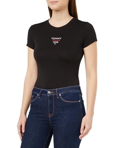 Tommy Jeans Damen T-Shirt Kurzarm Slim Essential Logo Rundhalsausschnitt, Schwarz (Black), L von Tommy Jeans