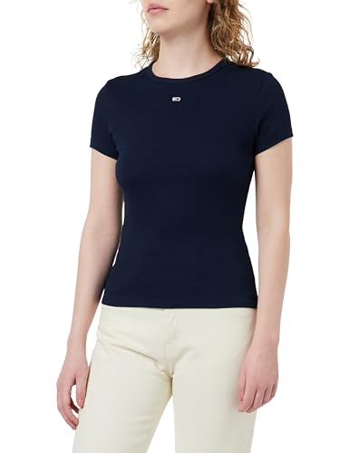 Tommy Jeans Damen T-Shirt Kurzarm Slim Essential Rib Rundhalsausschnitt, Blau (Dark Night Navy), L von Tommy Jeans