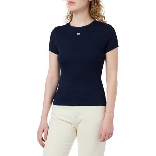 Tommy Jeans Damen T-Shirt Kurzarm Slim Essential Rib Rundhalsausschnitt, Blau (Dark Night Navy), XXS von Tommy Jeans