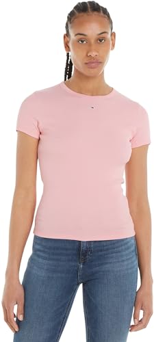 Tommy Jeans Damen T-Shirt Kurzarm Slim Essential Rib Rundhalsausschnitt, Rosa (Ballet Pink), XXS von Tommy Jeans