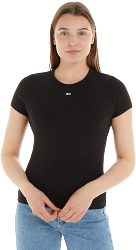 Tommy Jeans Damen T-Shirt Kurzarm Slim Essential Rib Rundhalsausschnitt, Schwarz (Black), M von Tommy Jeans