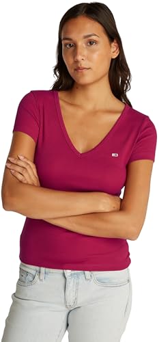 Tommy Jeans Damen T-Shirt Kurzarm Slim Essential Rib V-Ausschnitt, Rot (Brilliant Berry), XXS von Tommy Jeans