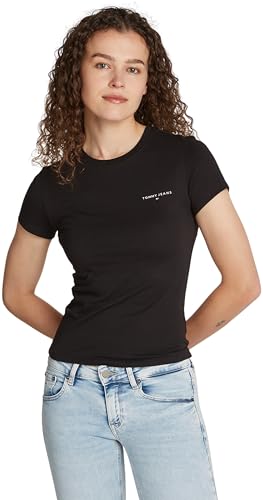 Tommy Jeans Damen T-Shirt Kurzarm Slim Fit Linear Rundhalsausschnitt, Schwarz (Black), XL von Tommy Jeans