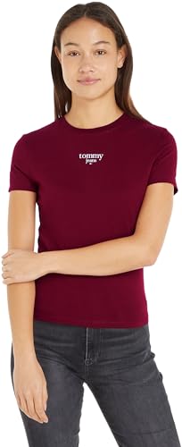 Tommy Jeans Damen T-Shirt Kurzarm Slim Logo Rundhalsausschnitt, Rot (Red Carpet), XXS von Tommy Jeans