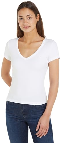 Tommy Jeans Damen T-Shirt Kurzarm Slim Rib V-Ausschnitt, Weiß (White), S von Tommy Jeans